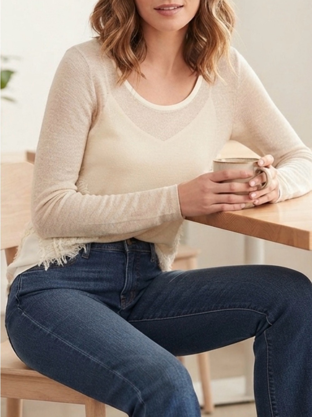 Society Girl Cream Eyelash Lace Sheer Knit Long Sleeve Top Medium
